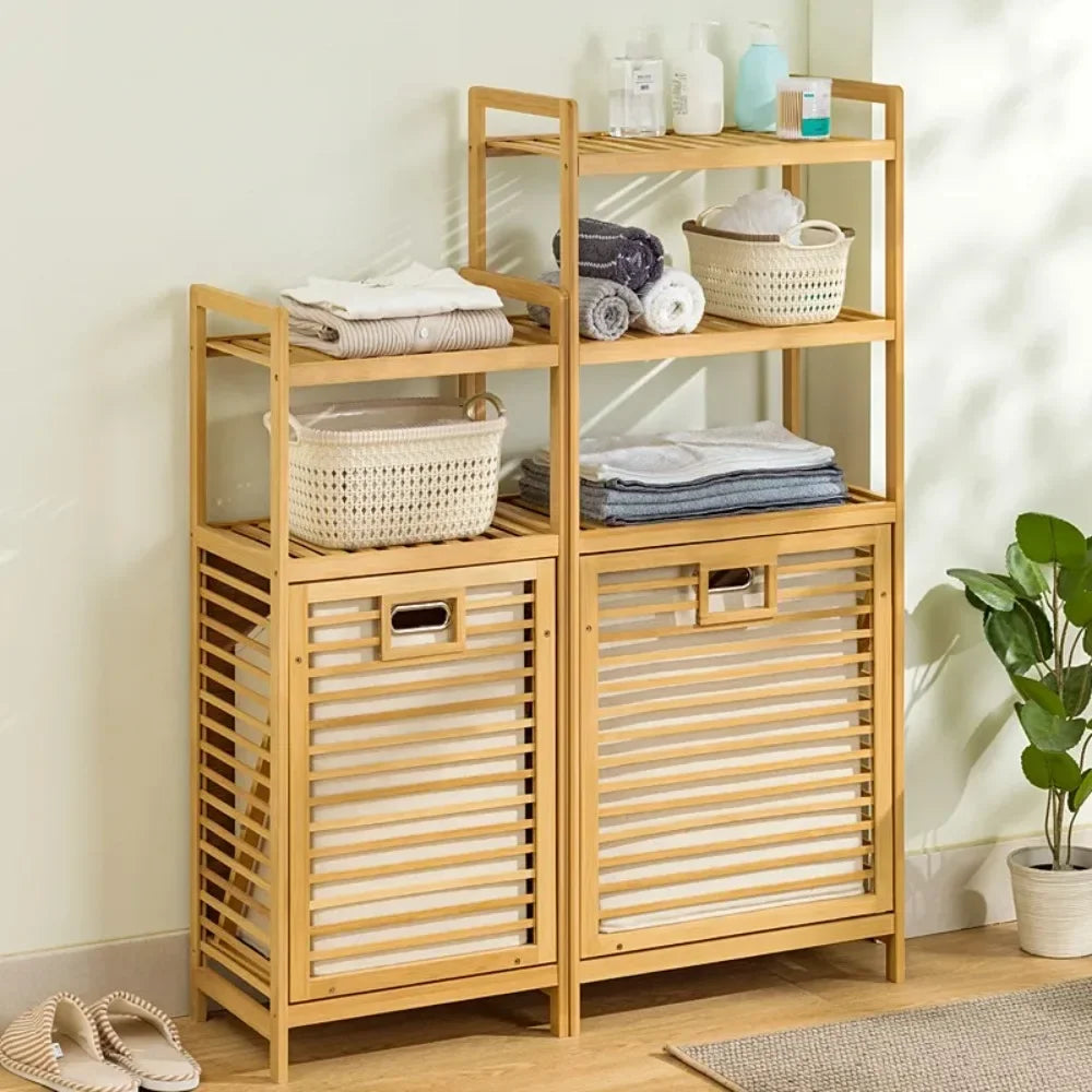 No-EN-Name-Null Modern Large Waterproof Lining 3-4 Tier Storage Shelves Brown-Beige Bamboo Solid Wood Boards Tilt Out Strip Laminates Laundry Hamper Baskets