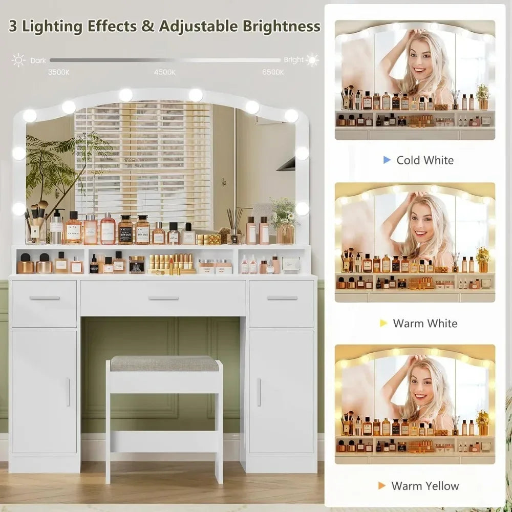 NULL Women White Modern 10 Built-In LED Lights Bulbs Large Mirror Makeup Three Drawers Wood Vanity Desks/2 Side Cabinets/ Long Storage Shelf /Soft Cushioned Stool/Colors-Black/White/Gray