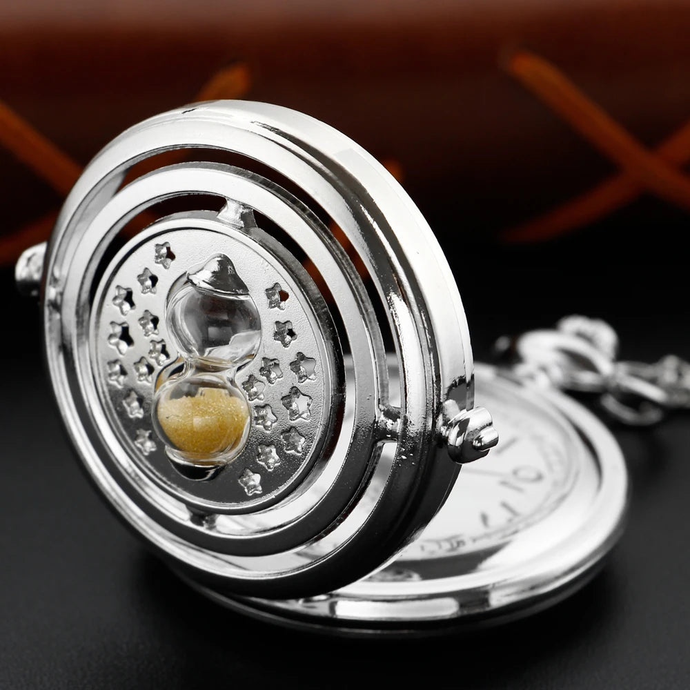 SHUHANG Adults Quartz Movement Exquisite Digital-Analog Display Flip-Out Acrylic Face Silver Stainless Steel Metal Round On Front Stars-Small Hourglass-On Back Floral Design Chain-Pocket Watches