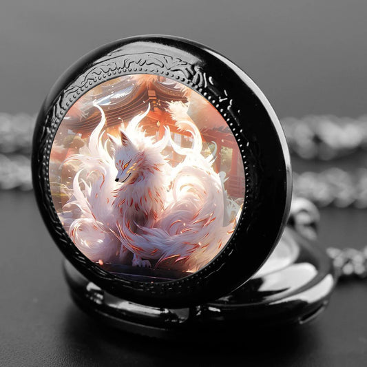 No-EN-Name-Null Adults Unisex Quartz Black Antique Round Shaped Creative Cartoon Nine-Tailed Fox Analog Display Arabic Numerals Black Necklace Chain-Pocket Watches/ Colors-Golden/Bronze/Silvery/Black