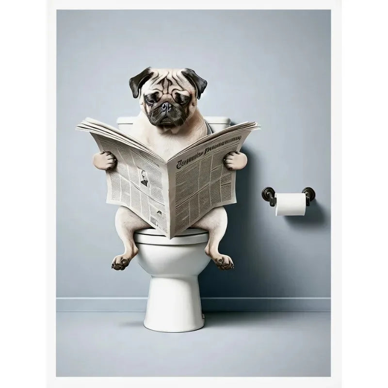 No-EN-Name-Null Modern Waterproof Handprinted Unframed Canvas Rectangle Shaped Abstract Funny Humorous Animals Bathroom Human-Like Sitting On The Toilet Wall Art Prints /Colors-White/Multicolor/Animals/Gray
