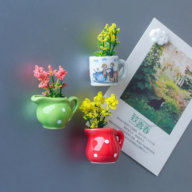 1pcs Creative Magnetic Mini Ceramic Vase 3D Simulation Flower Potted Cute Decorative Fridge Magnet for Kitchen Home Decor
