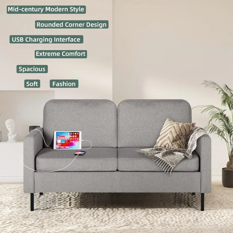 OLOEY Modern Small Two Persons Light Gray Soft Recycled Fine Linen Fabric Round Corners Design Solid Wood Frame Metal Legs Loveseat Sofas/ 2 USB Charging Ports/One-Pocket-Both Side Pockets