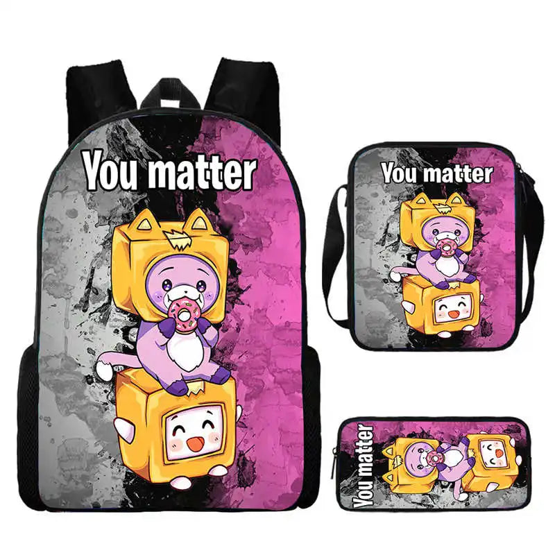 WOLYN Large Waterproof Lightweight Multicolor Nylon Fabric Cartoon Anime Lanky Box Games Design Polyester Lining Shoulder Straps-Handle Built-In Compartment External Pockets School Backpacks /Pencil Case / Colors-Black/Purple/Blue/Multicolor