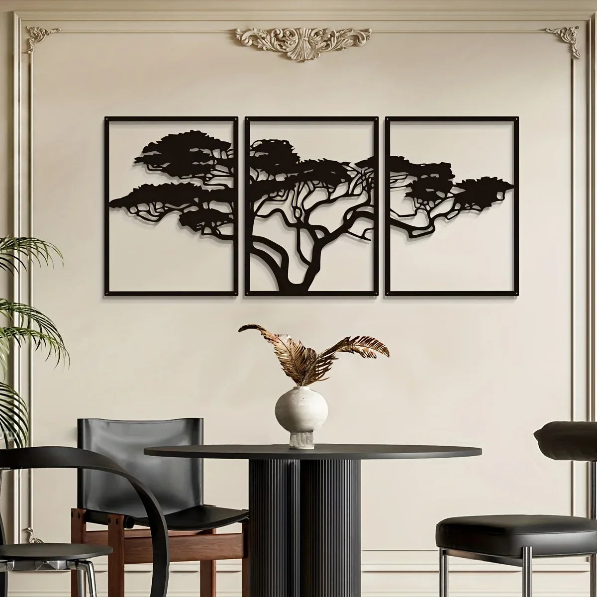 HELLOYOUNG Modern Black-Brown Iron Metal Three-Panel Realistic Natural Trees Art Plaques/Size: 36.61 x 14.41 inches