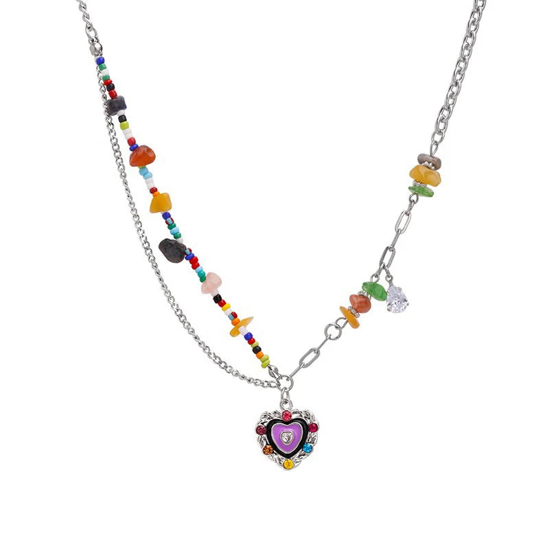 No-EN-Name-Null Adults Women Vintage Imitation Zinc Alloy Metals Imitation Bohemian Natural Crystal Stones Flower Dangle-Hearts-Smiling Star Multicolored Beaded Pendant Necklaces/Colors-Floral/Multicolor