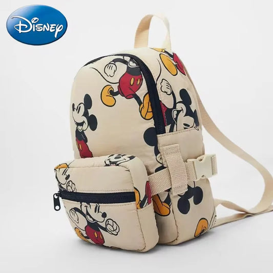 MINISO Kids Mini Disney Beige Cute Cartoon Mickey Mouse Black Metal Zippers-Detachable Front Pocket Lightweight Waterproof Nylon Fabric Shoulder Straps-Handle School Backpacks/Single Laptop Compartment