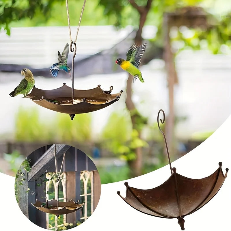 No-EN-Name-Null Modern Art Outdoor Garden Antique Hanging Upside Down Umbrella Shaped Brown Iron Metal Bird Food Tray Bowl-Bird Feeders/ Colors-Brown/Bronze/Silver/Black