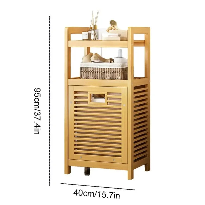 No-EN-Name-Null Modern Large Waterproof Lining 3-4 Tier Storage Shelves Brown-Beige Bamboo Solid Wood Boards Tilt Out Strip Laminates Laundry Hamper Baskets