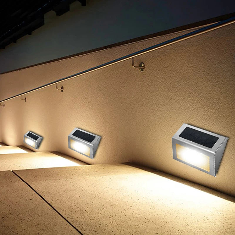 OPPSHINE Outdoor Modern Waterproof Silver-Yellow-White Square PC Plastic Body Warm-Cool White 6 LED Solar-Powered Stainless Steel Metal Step Landscape Pathway Lighting