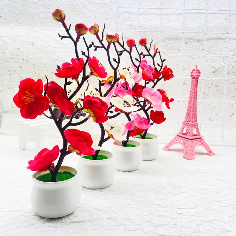 Small Plastic Artificial Realistic Red Bonsai Rosales Flowering Plum Blossom Potted Plants