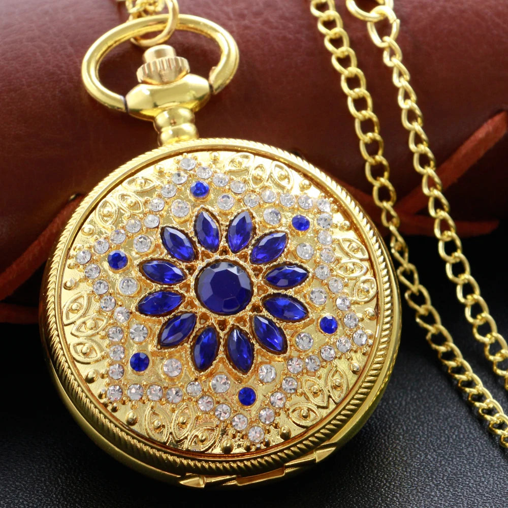 SHUHANG Adults Quartz Analog-Digital Display Gold-Red Ruby Stones On Front-Floral Design On Back Round Shaped Stainless Steel Metal Case Hardlex Face Necklace Chain-Pocket Watches