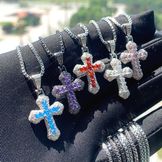 2025 Pink Red White Purple Blue 5 Color Cute Mini Small Colorful CZ Cross Pendant Necklace Hip Hop Men Women Fashion Jewelry