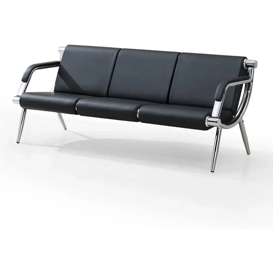 No-EN-Name-Null Black Soft PU Leather Upholstered Padded Foam Cushion Alloy Steel Metal Armrests-Legs Frame Lumbar Support Waiting Room Benches/ Maximum Weight 340 Pounds