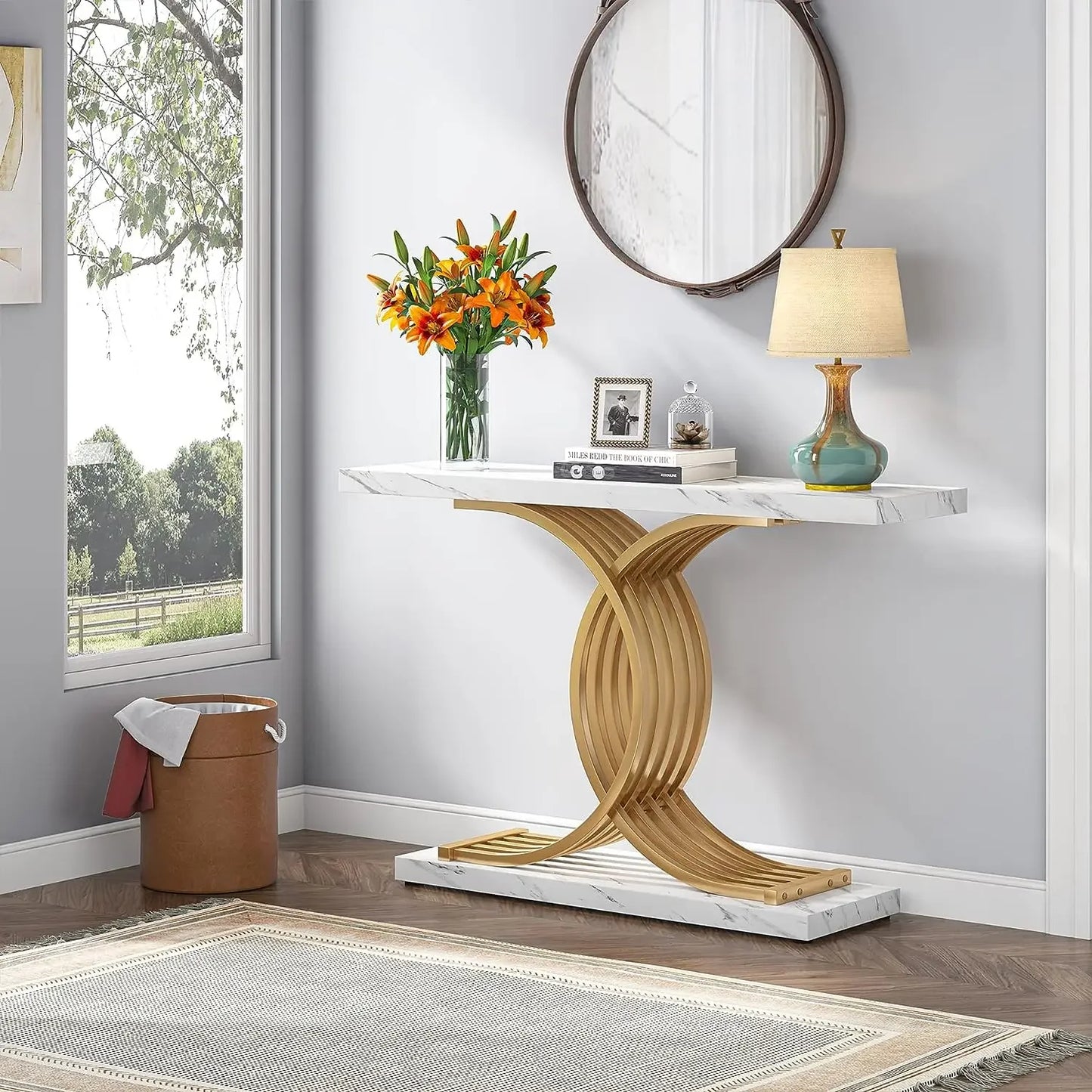 TRIBESIGNS Modern Entryway White Faux Marble Rectangle Shaped Wood Top-Bottom Rectangle Strong Sturdy Wood Base Geometric Gold Metal Frame Narrow Console Tables/Colors-White/Black/Chocolate/Dark Gray