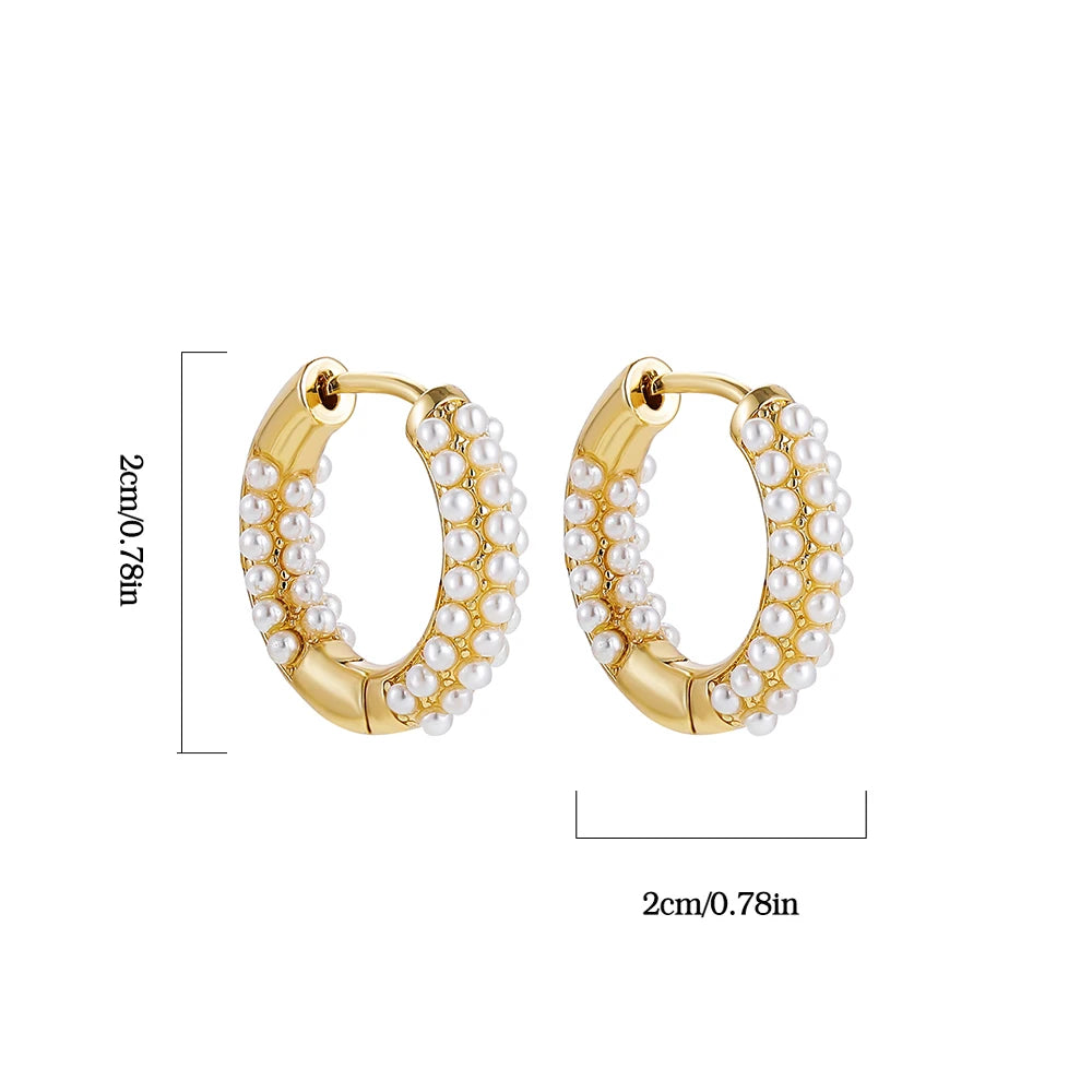 EARPELS Adult Women Fine Imitation Copper Gold Plated Plastic Resin Small Round Circle Inlay Clear Cubic Zirconia-White Pearls Hoop Huggies Earrings/Colors-Clear/Gold/Geometric