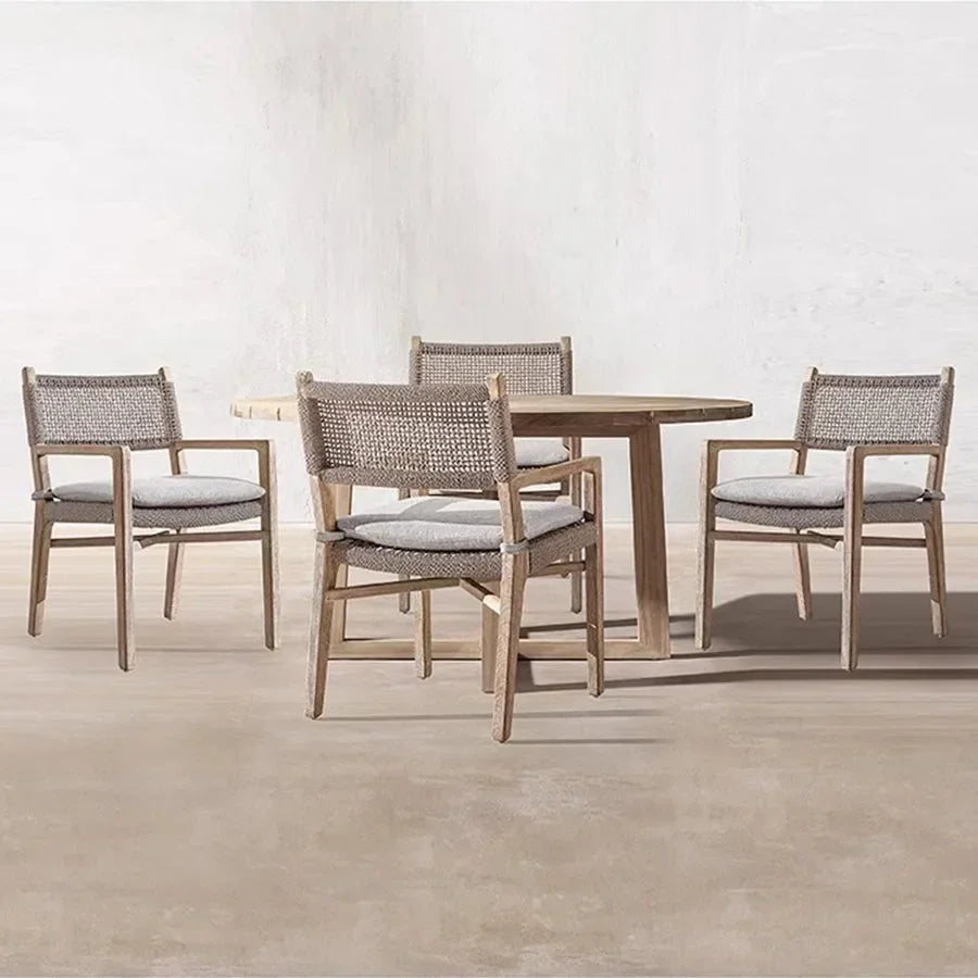 No-EN-Name-Null Outdoor European Free-Standing Brown Rectangle Shaped Wood Frame Table-Bench-Six Mesh Backrest Fabric Beige Cushions Chairs Sets/Colors-Brown/Beige