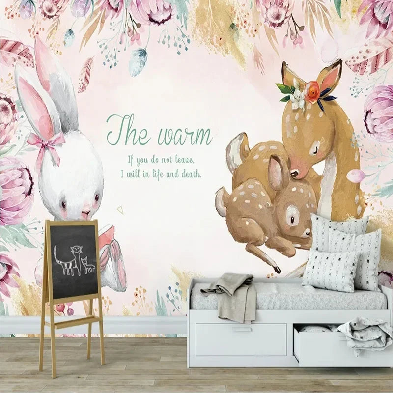 JIADOU Kids Waterproof Canvas Custom 3D Printed Mural Pink Flowered Background White Bunny Reading A Book To Two Deer Laying Down On The Ground Listening To The Stories Design Wallpaper/Requires Paste