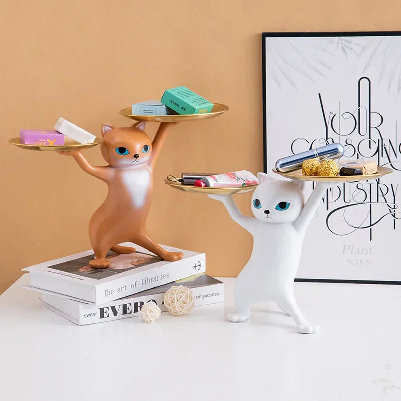 No-EN-Name-Null Modern Front Door Resin White Cat Blue Eyes Holding Two Gold Key Caddy Tray In His-Her Paws Animal Figurines /Colors-Gray/White/Gold/Blue/Brown/Animal/Multicolor
