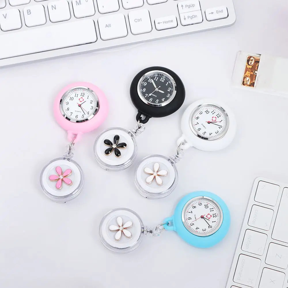 No-EN-Name-Null Adults Waterproof Glass Face Round Shaped Quartz Digital-Analog Display Nurse-Doctor Cute Flower Design Pink Silicone Cover Metal Alloy Case Clip-On Retractable Fob Pocket Watches/Colors-Pink/Black/Blue/White