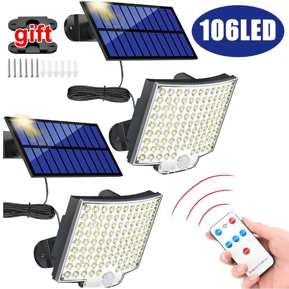 Outdoor Modern Remote Control Weatherproof Durable Plastic Rectangle Black-White Body Dimmable Super Bright 106 LED Adjustable Four-Modes Solar-Powered Split Waterproof Emergency Motion Sensor Wall-Mounted Security Lights