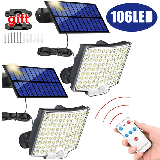Outdoor Modern Remote Control Weatherproof Durable Plastic Rectangle Black-White Body Dimmable Super Bright 106 LED Adjustable Four-Modes Solar-Powered Split Waterproof Emergency Motion Sensor Wall-Mounted Security Lights