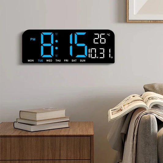 Creative HD Screen Black Abstract Rectangle Wall Mounted LED Auto-Dimmer-Light-Sensing Plastic Digital Adjustable Brightness 12-24H Switching Two Alarm Clocks/Temperature/Date/Time