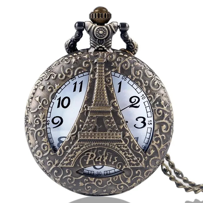 WECIN Adults Quartz Analog Display Glass Face Arabic Numeral Hollow-Out Bronze Round Shaped Metal Alloy Case Paris-Eiffel Tower-Notre Dame-LE LOUVRE Design Chain-Pocket Watches