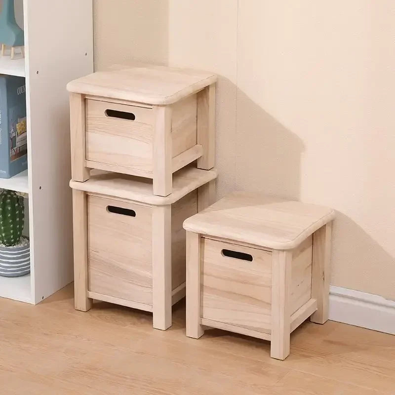 No-EN-Name-Null Modern Beige-Brown Solid Wood Square Shaped Smooth Hard Flat Top Rounded Corners One-Drawer Storage Chest Stools