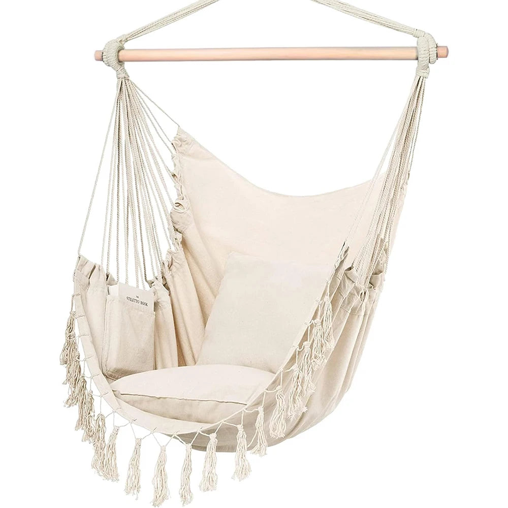 Retro Cotton Weaved Hammock Hanging Swing Chair/ 2 Cushions / Large Pocket/Weight Max 500 lbs/Colors-Black/White/Gray/Beige/Multicolor