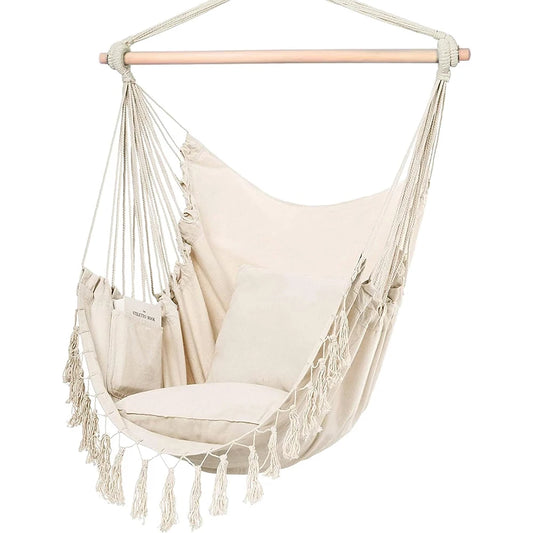 Retro Cotton Weaved Hammock Hanging Swing Chair/ 2 Cushions / Large Pocket/Weight Max 500 lbs/Colors-Black/White/Gray/Beige/Multicolor