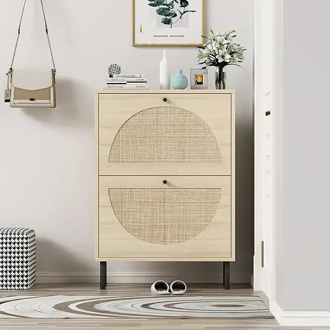ANGDUO Indoor Beige-Black Natural Rattan 3 Tiers Flip-Out Drawers Free Standing Four Black Metal Feet Shoe Organizers/Product Dimension:9.45"D x 23.6"W x 48.9"H/ Product Weight:41lbs/Assembly Required/Storage Options Also
