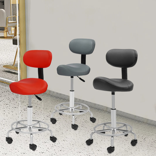 No-EN-Name-Null Commercial Grade Red Upholstered Padded Faux Leather Tilt Angle Backrest-Seat Fabric Cushion Adjustable Height Rotating Steel Metal Base Lifting Saddle Bar Stools/ 5 Black Plastic Wheels/Colors- Red/ Black/ Grey