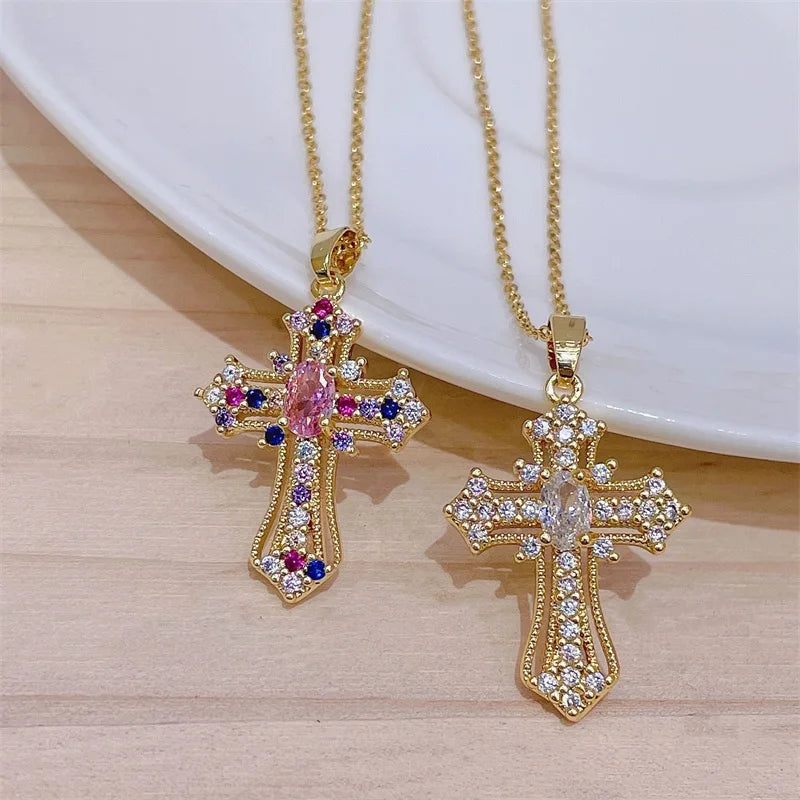No-EN-Name-Null Women European-American Stainless Steel Gold-Plated Metal Imitation Jewelry O-Chain Shiny Clear White Diamond-Like-Multicolor Gemstones Large Punk Cross Pendant Necklaces/Colors-Multicolor/Clear/Pink/Gold/Geometric