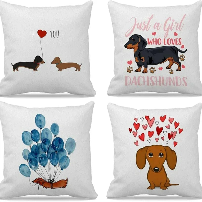 No-EN-Name-Null Soft Woven Polyester Fabric Square Printed Cute Cartoon Dachshund Pillowcases/Colors-Animal/White/Brown/Blue/Pink/Multicolor/Black/Handwash Only