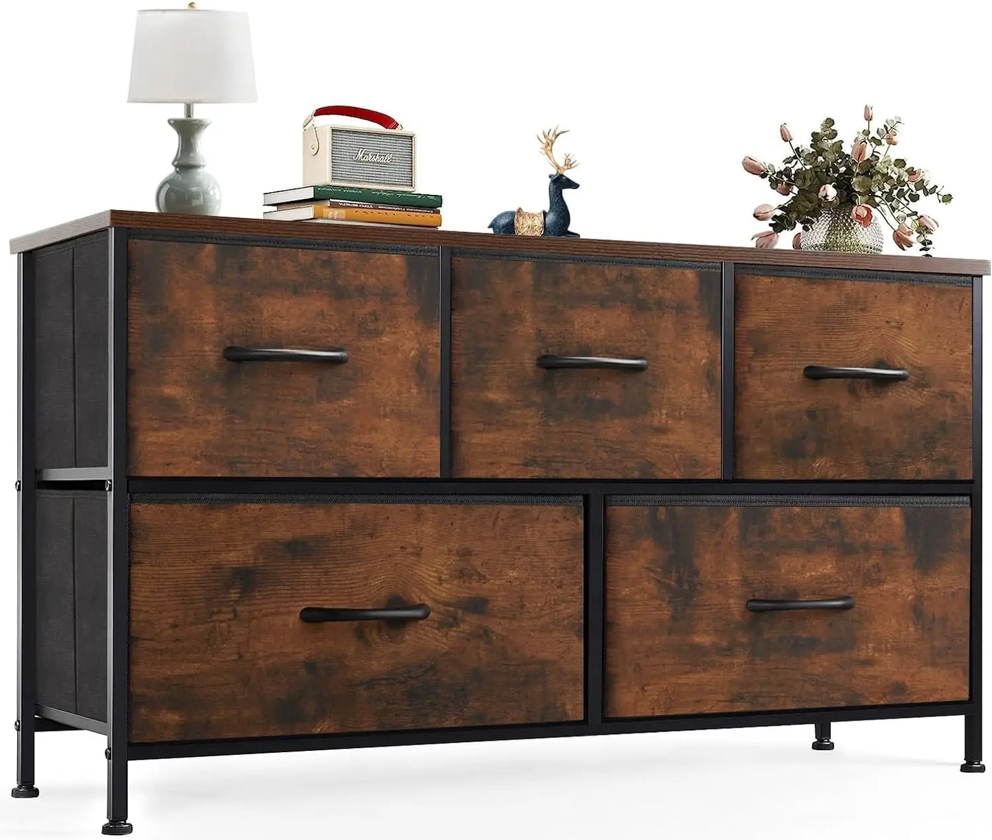 RUO WU Kids Small Rectangle Shaped Black Modern Wood Anti-Tilting Steel Frame Unfinished Adjustable Feet Dressers/5 Fabric Drawers/Plastic Handles/Colors-Black/Brown/Gray/White/Cross Support Bars