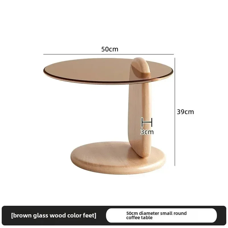 No-EN-Name-Null 2 PCS Modern Brown-Gray Thick High Tempered Glass Round Shaped Tops Solid Oak Rubberwood Three-Legged Design Coffee Table Sets/Easy To Clean/Colors-Gray Glass Tops/Brown Glass Tops
