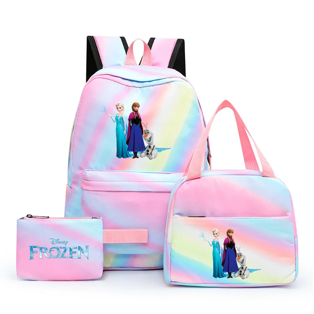 Disney Kids Cute Cartoon Frozen Movie-Elsa-Anna Multicolor Large Waterproof Nylon Fabric Zipper Pockets Shoulder Straps-Handle Single Compartment School Backpacks Sets/ Lunch Bag/Pencil Bag/Colors-Pink/Blue/Multicolor
