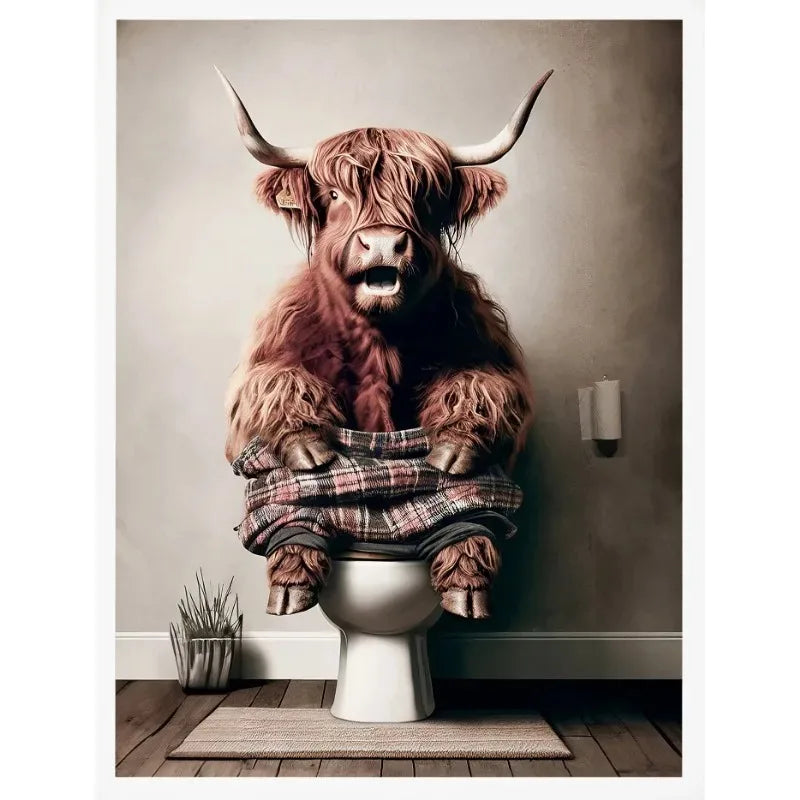 No-EN-Name-Null Modern Waterproof Handprinted Unframed Canvas Rectangle Shaped Abstract Funny Humorous Animals Bathroom Human-Like Sitting On The Toilet Wall Art Prints /Colors-White/Multicolor/Animals/Gray