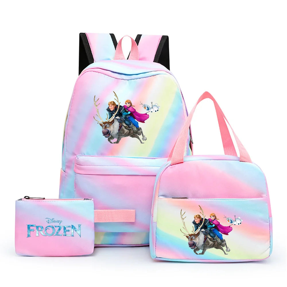 Disney Kids Cute Cartoon Frozen Movie-Elsa-Anna Multicolor Large Waterproof Nylon Fabric Zipper Pockets Shoulder Straps-Handle Single Compartment School Backpacks Sets/ Lunch Bag/Pencil Bag/Colors-Pink/Blue/Multicolor