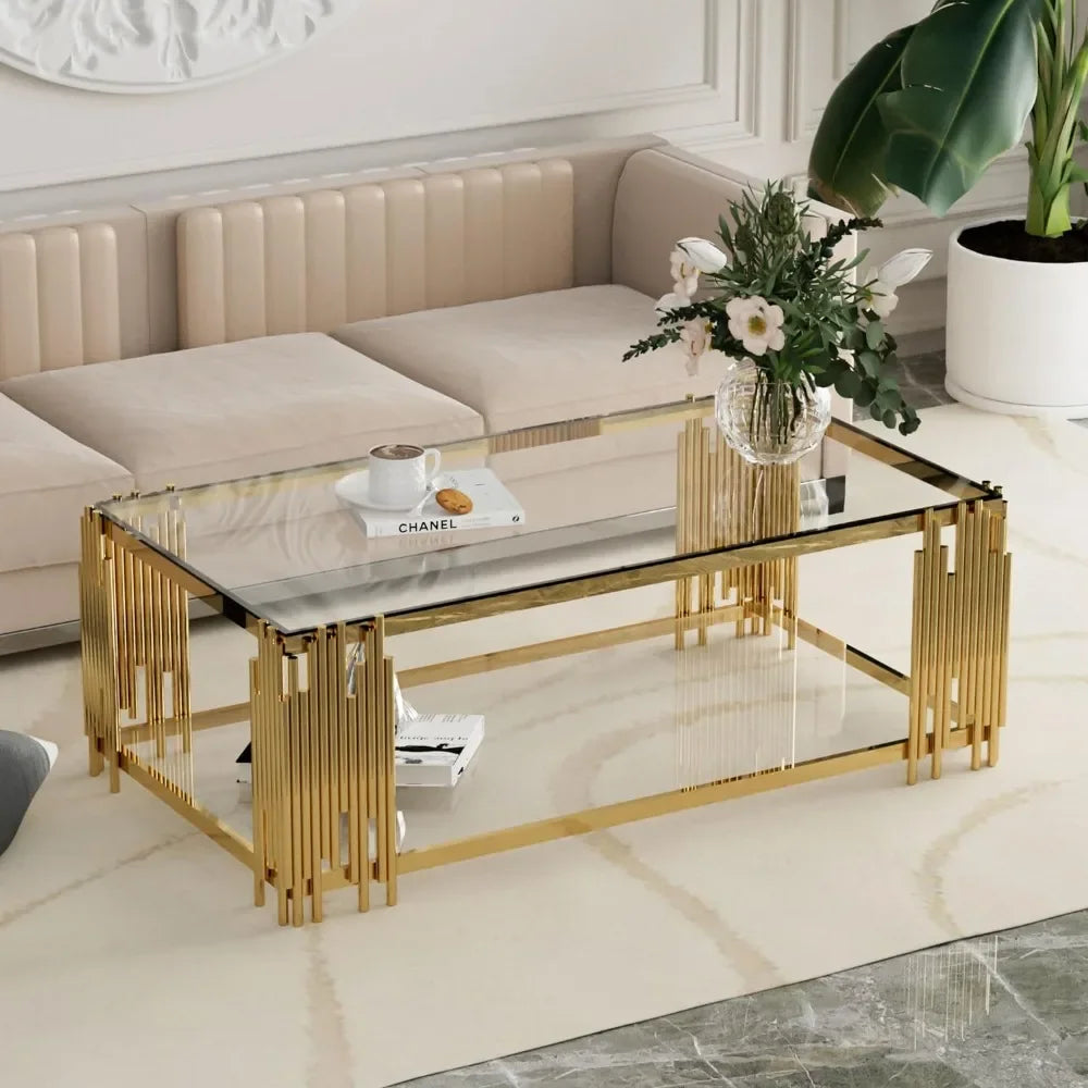 RUO WU Modern Clear Tempered 8MM Thick Glass Top Rectangle Shaped Gold Stainless Steel Pipe Welded Legs Coffee Tables