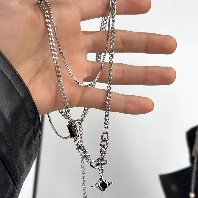 GUOLE Adults Fine Imitation Hip-Hop-Rock Style Silver Stainless Steel Metal Trim Four Pointed Star Black-Clear Crystal Mood Tracker Double-Layer Charm Pendant Chain Necklaces