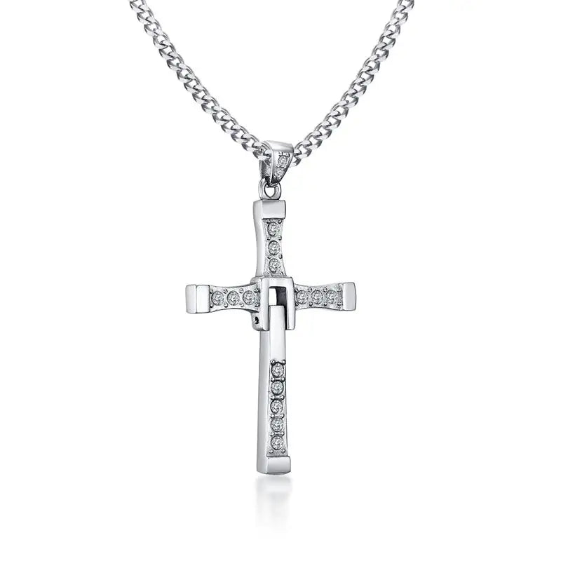 MEAEGUET Adult Unisex Fine Imitation Three Layer Silver-Plated Stainless Steel Silver-Black-Gold Colored Metal Clear White Shiny Cubic Zirconia Diamond-Like Gemstones Cross Pendant Chain Necklaces