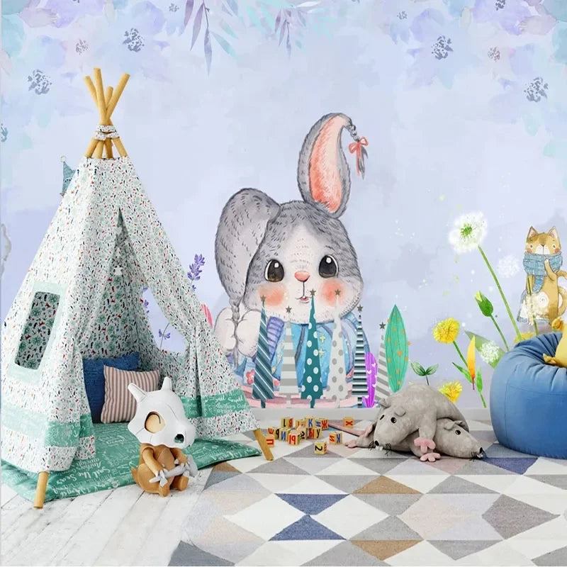 Kids Custom Mural Waterproof Canvas 3D Cartoon Bunny Wallpaper/Requires Paste