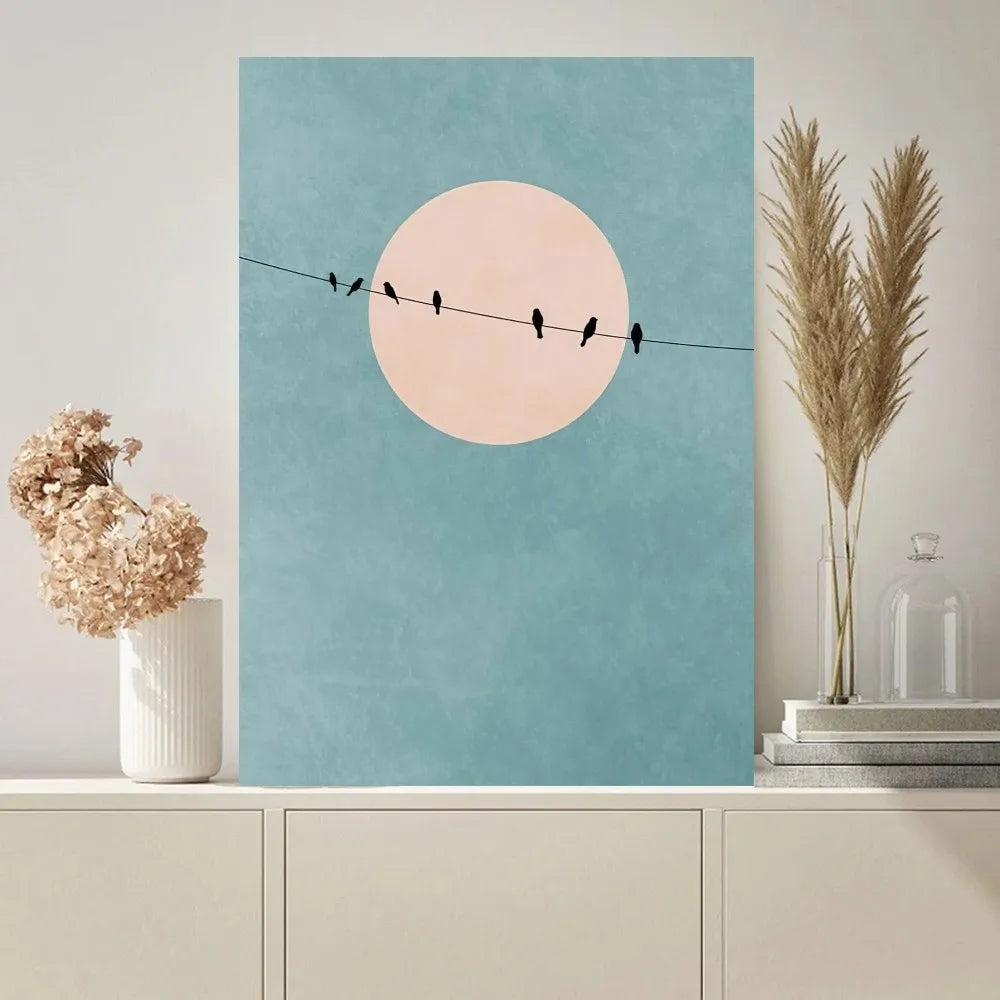 No-EN-Name-Null Modern Art Unframed Abstract Beige Background Winter Black Trees-Orange Suns-Black Birds Minimalist Rectangle Shaped Prints/Colors-Black/Beige/Yellow/Green/Blue/White/Orange/Multicolor/Geometric/Floral
