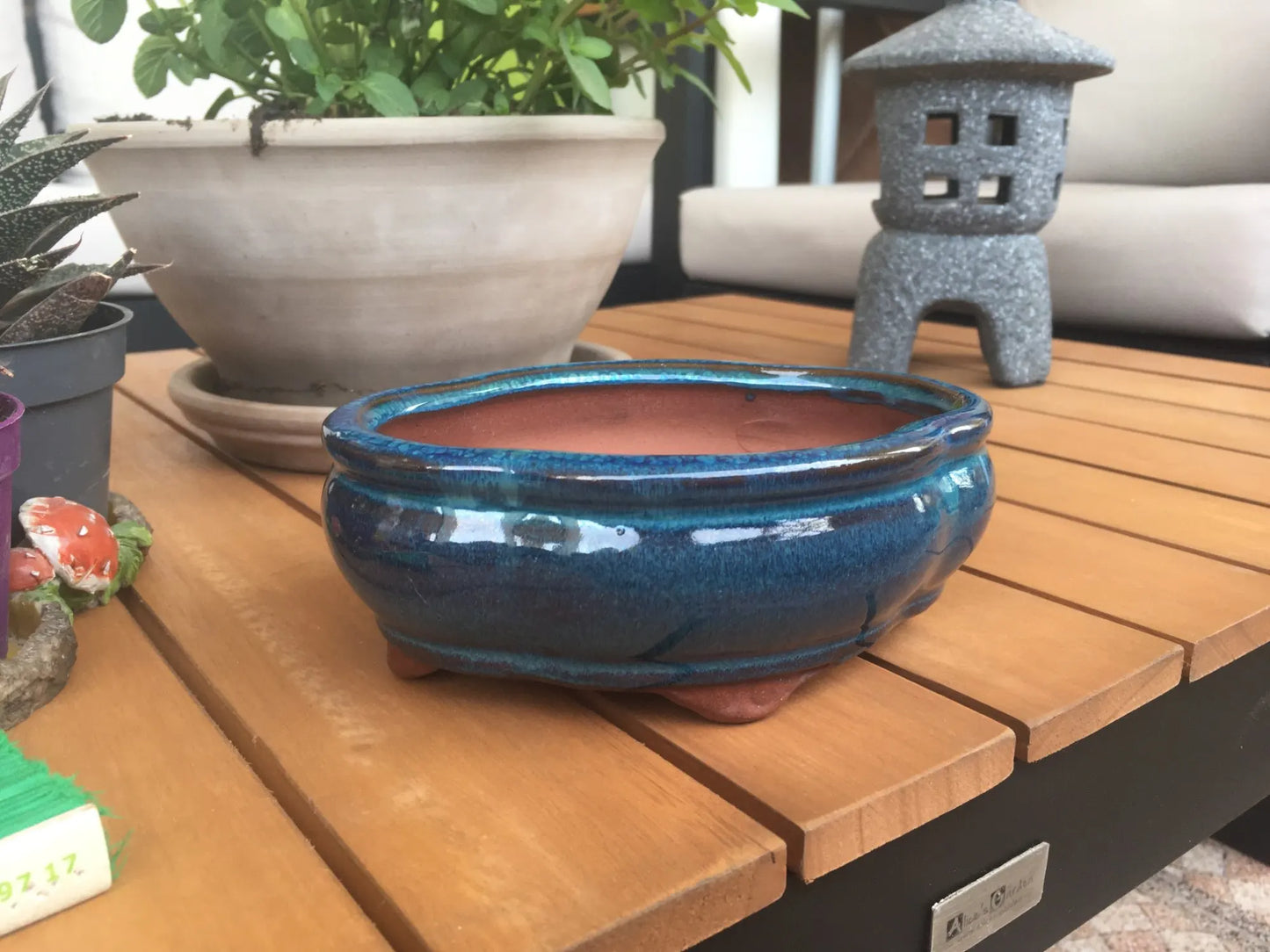 No-EN-Name-Null Home Lightweight Green Glazed Round Shaped Ceramic Chinese Desktop Bonsai Flower Pots/Sizes: 15 x 5.2 x 11.3 cm/Colors-Multicolor/Blue/Purple/Green/Brown/1 Large Drip Hole-4 Small Drip Holes