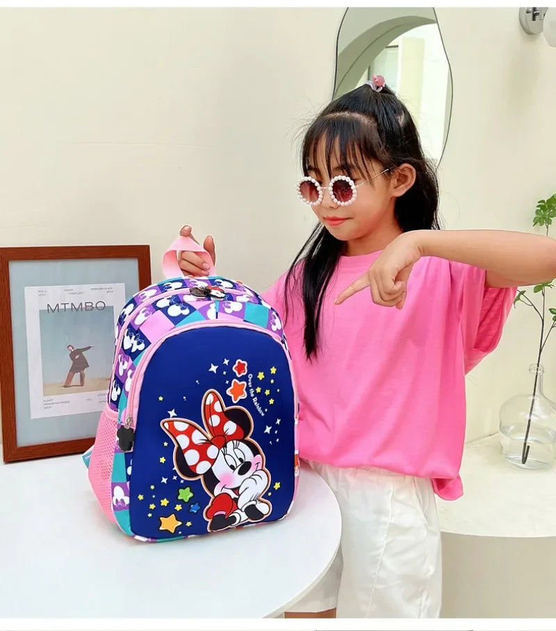 Disney's Kids Waterproof Canvas Fabric Double Zippers Cartoon Anime Minnie Mouse Theme Detachable Straps-Handle Mesh School Backpacks/Internal Pockets/Colors-Purple/Pink/Blue/Animal/Multicolor