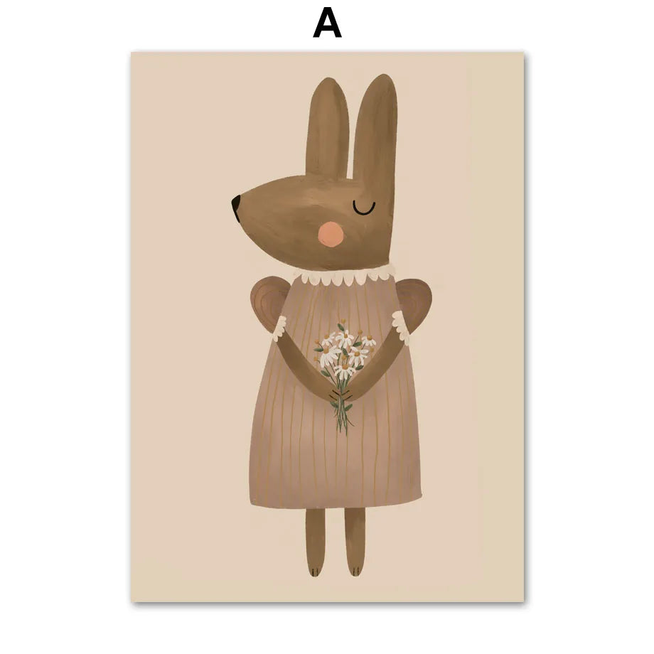No-EN-Name-Null Retro Unframed Waterproof Ink Nature Cartoon Animals Canvas Rectangle Wall Art Prints /Color- Multicolor