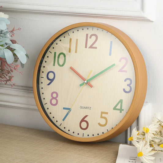 12 Inch Quartz Round Wood Silent Movement Wall Clocks w/Colorful Hands/ Colorful Numbers/Size: 29.5cm H x 4.2cm W/Plastic Materials Inside/ Runs Off 1.5V AA Battery / Battery Not Included