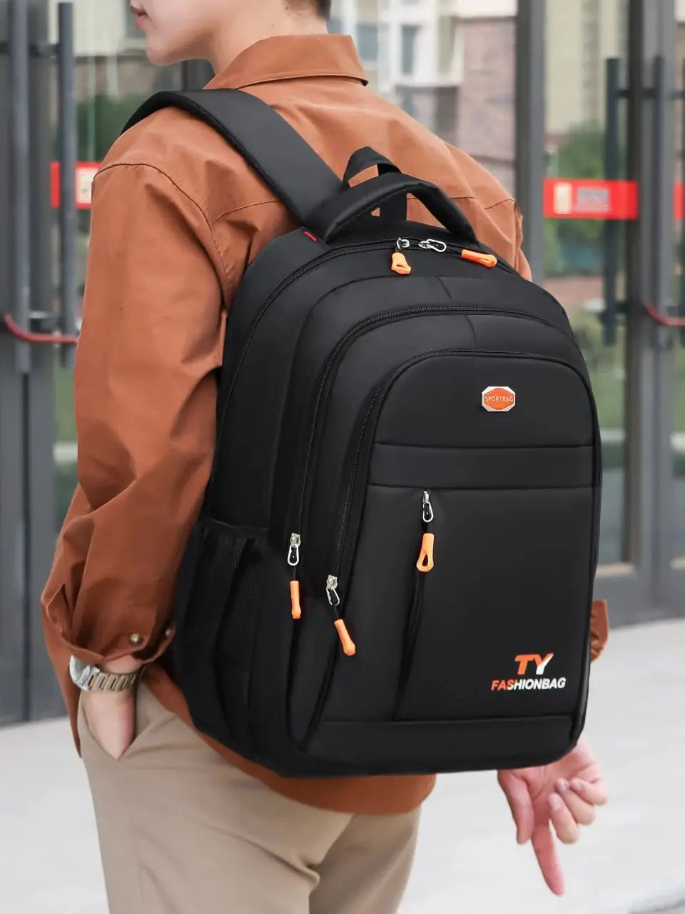 TY FASHIONBAG Internal Frame Waterproof Black Nylon Fabric Four Zippered External Pockets Soft Handles-Shoulder Straps 13-15 Inch Laptop Compartment Laptop Backpacks/Water Bottle Mesh Pocket Holder/Accent Colors-Green/Orange/Blue/Black